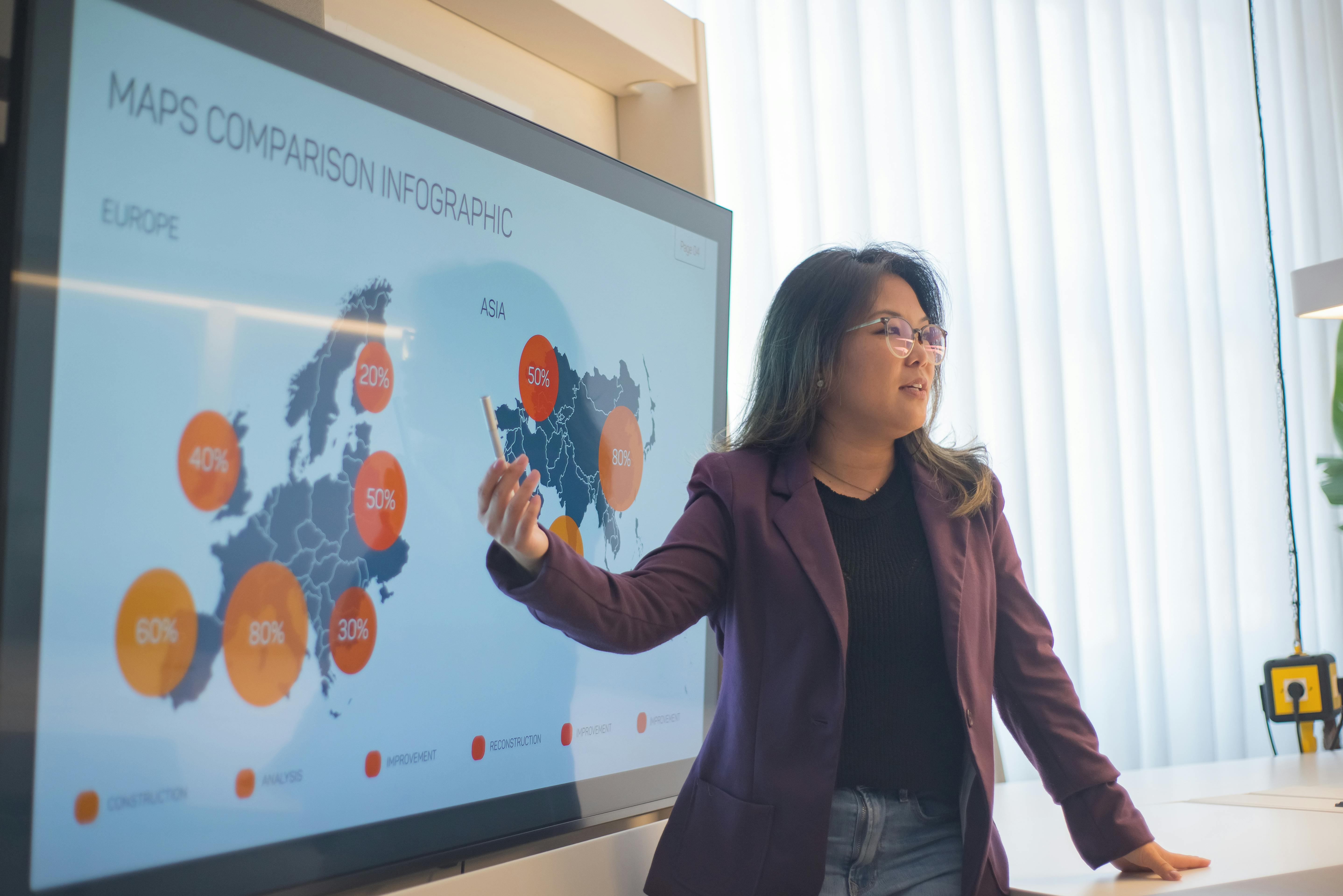 Marketing expert presenting global market insights and data analytics